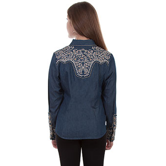 Scully Ladies Long Sleeve Western Shirt w/Embroidery & Candy Cane Piping - Denim #2