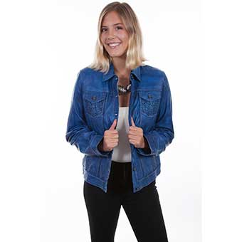 Scully Ladies Leather Jean Jacket w/Laser Detail - Royal Blue #1