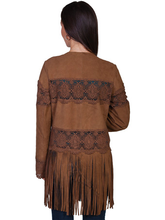 Scully Ladies Lamb Suede Coat w/Fringe & Lace - Brown #2