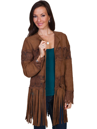 Scully Ladies Lamb Suede Coat w/Fringe & Lace - Brown